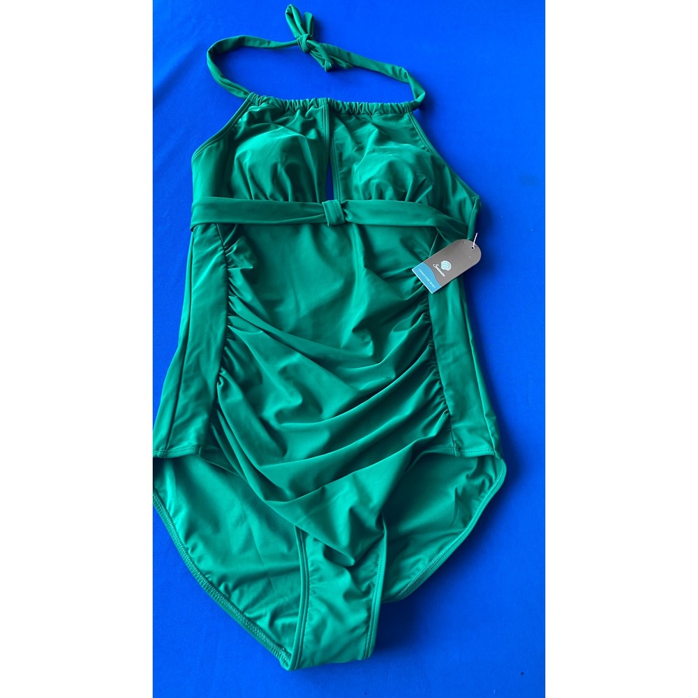 Smismivo Green One Piece Halter Swimsuit Ruched Keyhole Swimwear Size Large NWT